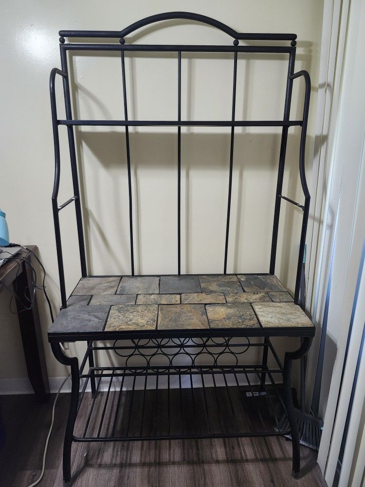 $50 - Black Metal Wine Bakers Rack W/slate Tiles