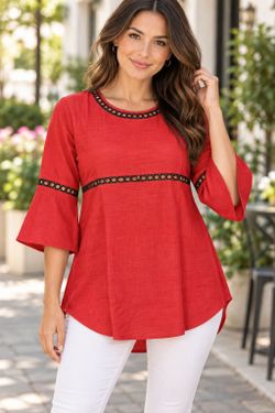 Women’s Small Red Crochet Cutout Trim Bell Sleeve Boho Blouse