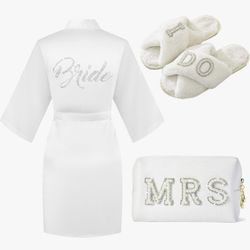 Bride to Be Gift Set - Bride Slippers, I Do Slippers, Bride Robe, Wedding Robe, Bride Makeup Bag, MRS Cosmetic Bag, Bridal Shower Gifts