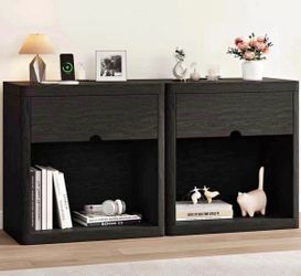 Nightstand Set of 2, Wooden Large Nightstand with Charging Station & LED Light, Mid Century Modern Bedside Tables with Drawer