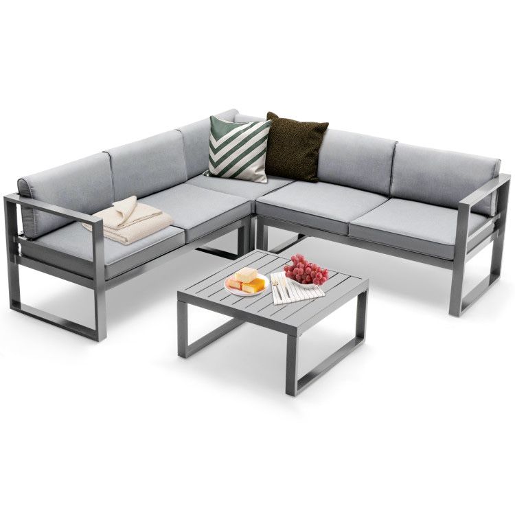 Outdoor Patio Solid Aluminum L-Shaped Sectional Conversation Furniture Set (Gray)