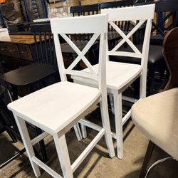 Counter Height Bar Stools Set of 2, 24" H Wooden Counter Stools with Back and Footrest, X-Back Farmhouse Barstools for Kitchen Island, Home Bar, White