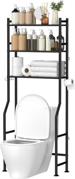 GloTika 3-Tier Over The Toilet Storage, Space Saver Metal Bathroom Shelves, Freestanding Above Over Toilet Storage Shelf with 4 Hooks for Bathroom, Bl