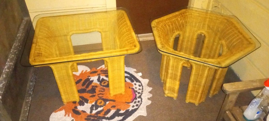 Rattan wicker glass top side tables end tables lot set of 2 *MID CENTURY MODERN BAMBOO*
