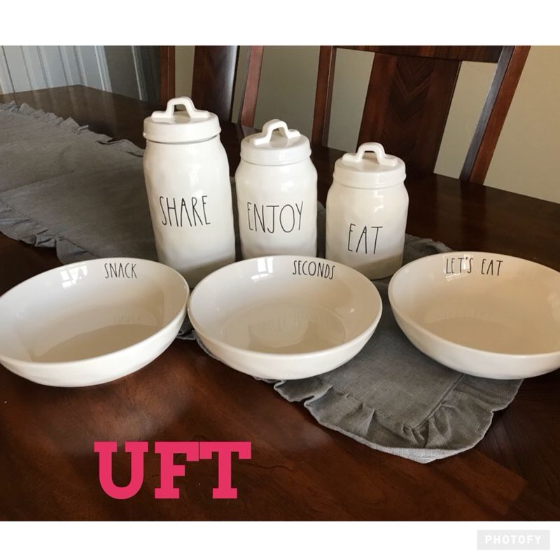 Rae Dunn Pasta Bowls, EAt, eNJOY, canisters UFT