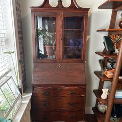 Antique Wooden Bow & Claw Secretary Desk with Key (1940s)