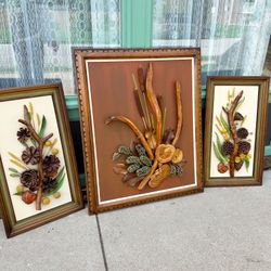 Large Vintage MCM Nature Artwork Signed 3-Piece Set