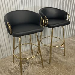 30” Fixed-Height Bar Stools – Set of 2 (Black Faux Leather & Gold Metal)