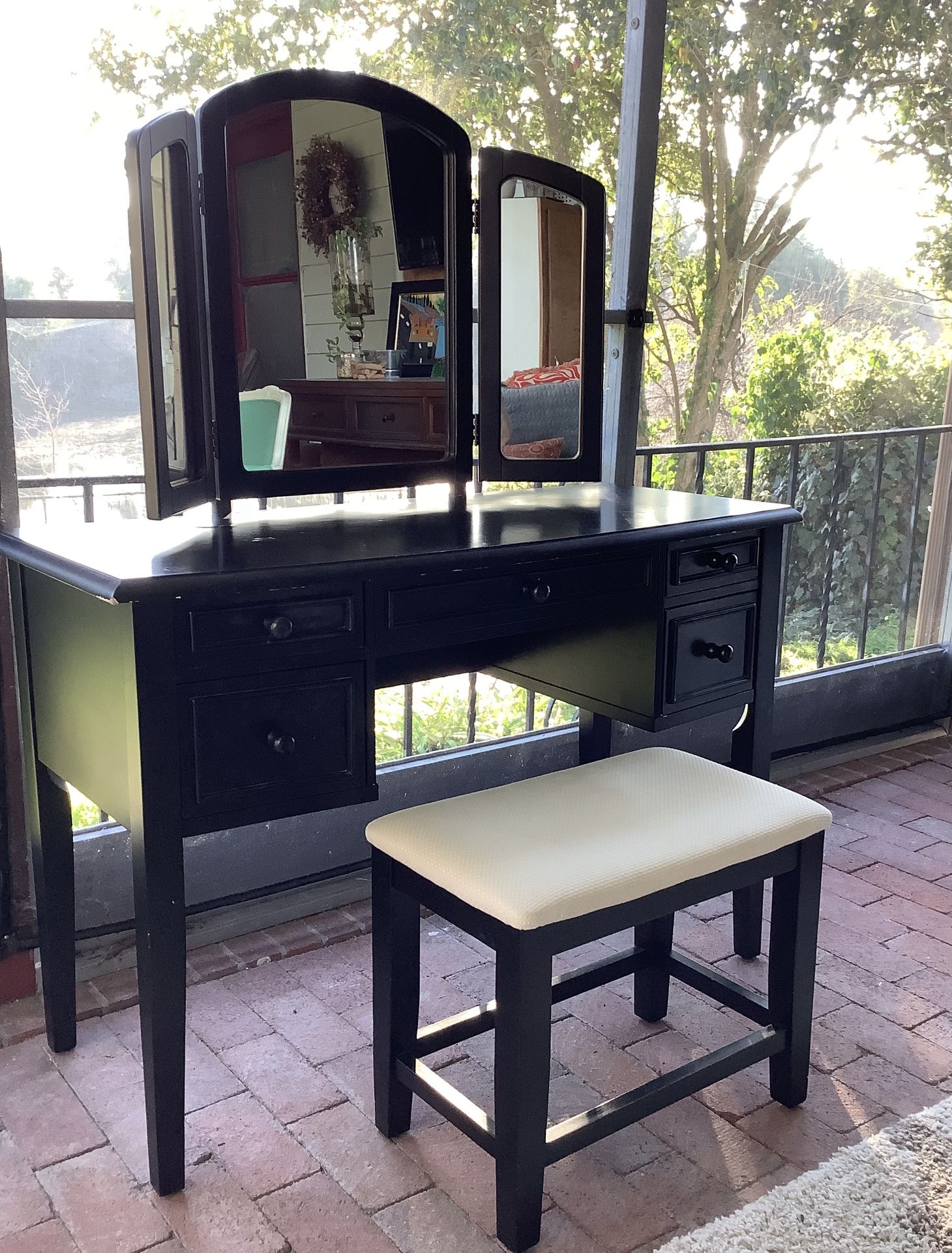 Vanity , Stool, and Three-Way Mirror. 
