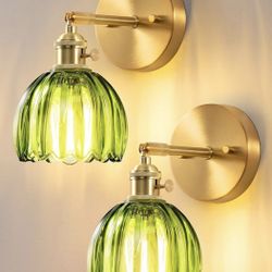 New 5” W Set of 2 Hardwired Wall Sconces Green Tulip Glass Lampshade 180 Degree Adjustable, Brass