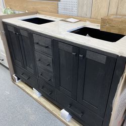 Bathroom vanity cabinet 60” solid mango Quartz top with sinks and backsplash 