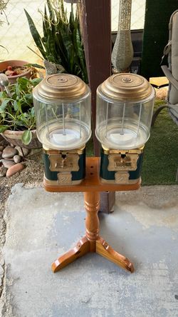 Double Gumball Candy Vending Machine on Wood Stand