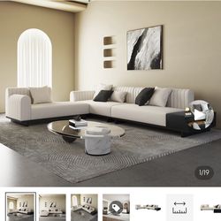 157" Modern White Corner L-Shaped Sectional Sofa Cotton & Linen with Side Open Storage Color: Off White