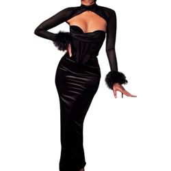 Women's Feather Long Sleeve Bodycon Maxi Dress Mesh Velvet Hollow Out Bandage Dr