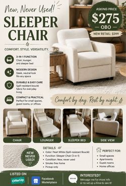 NEW, NEVER USED! 3-in-1 Sleeper Chair – $275 OBO