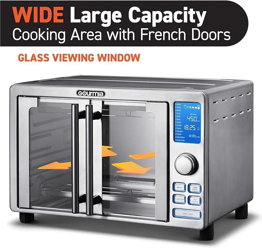 Nueva Freidora de Aire Gourmia con Horno Tostador Digital de 6 Rebanadas y 19 Preajustes de un Toque, Acero Inoxidable