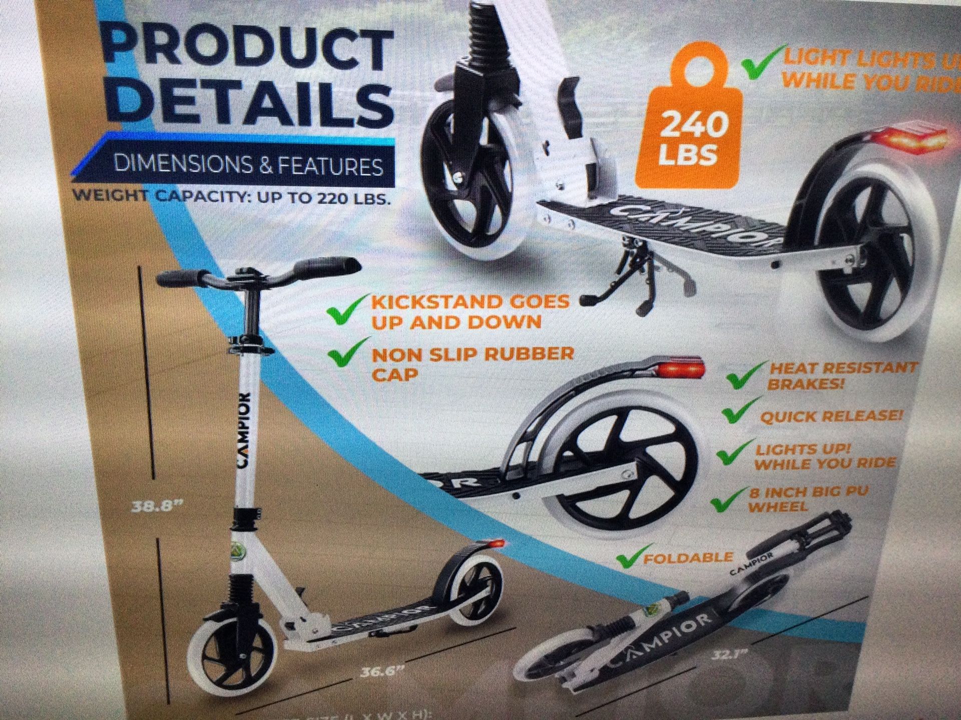 KICK SCOOTER. FOR AGES 6+. FOR KIDS TEENS AND ADULTS, MAX LOAD 240LBS FOLDABLE, 8 INCH BIG WHEELS W/ KICK STAND, 3 AD