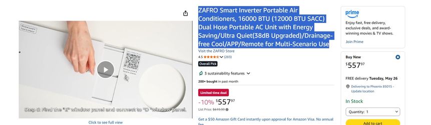 ZAFRO Smart Inverter Portable Air Conditioners, 16000 BTU (12000 BTU SACC) Dual Hose Portable AC Unit with Energy Saving/Ultra Quiet(38dB Upgraded)/Dr