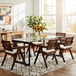 Homy Casa Slip 7PC Dining Set 55” Clear Glass Table with 6 Xuzids Mid-Century Rattan Back Chairs