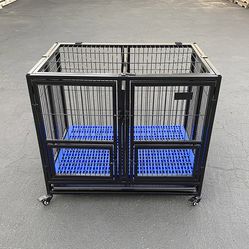$130 (New in Box) Folding dog cage 37x25x33” heavy duty double-door kennel w/ divider, plastic tray 