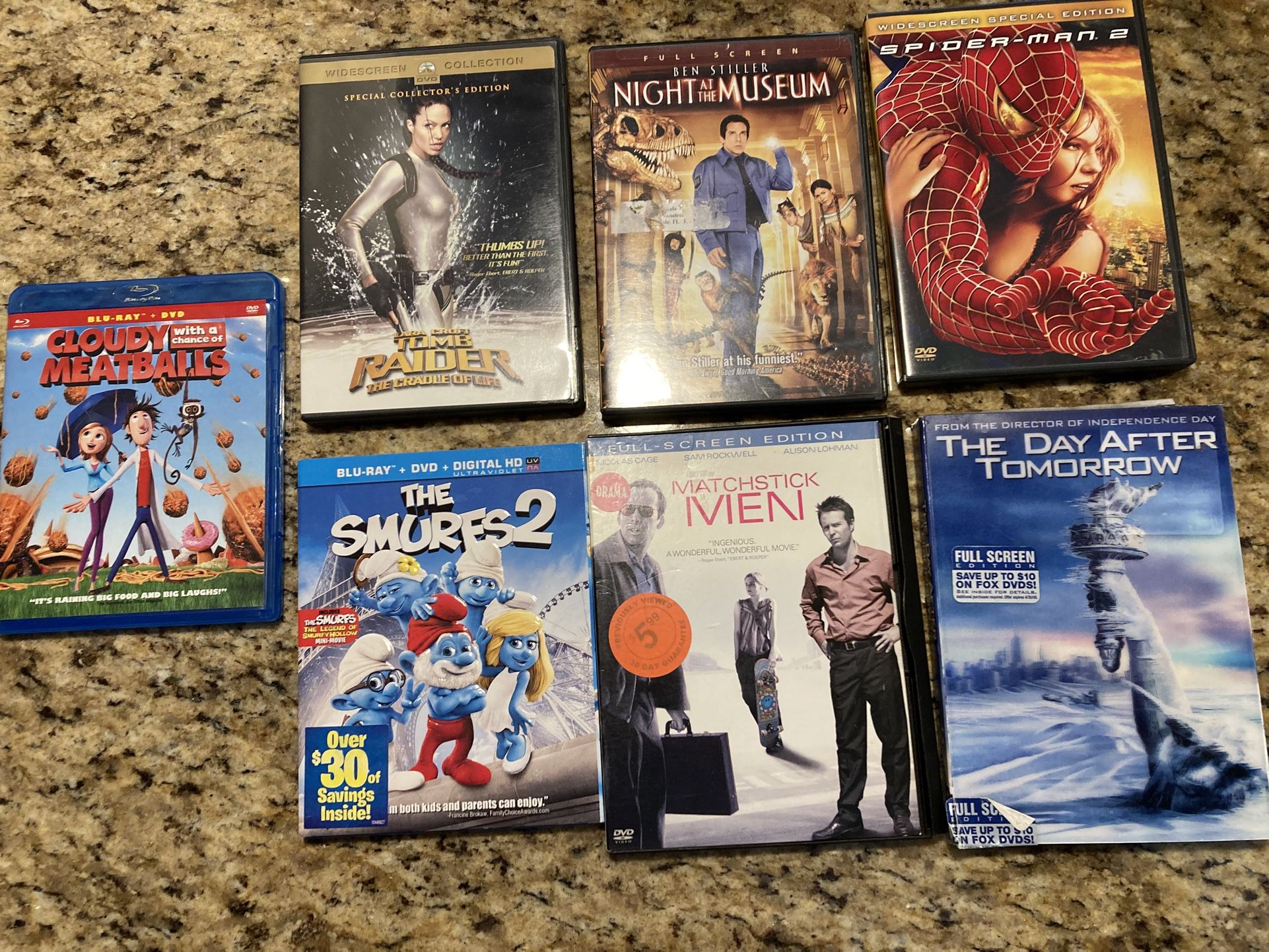 Tomb Raider, Smurfs2, Spiderman, Night at Museum,Spiderman2,Cloudy with Meatballs... (all 7 for $5)