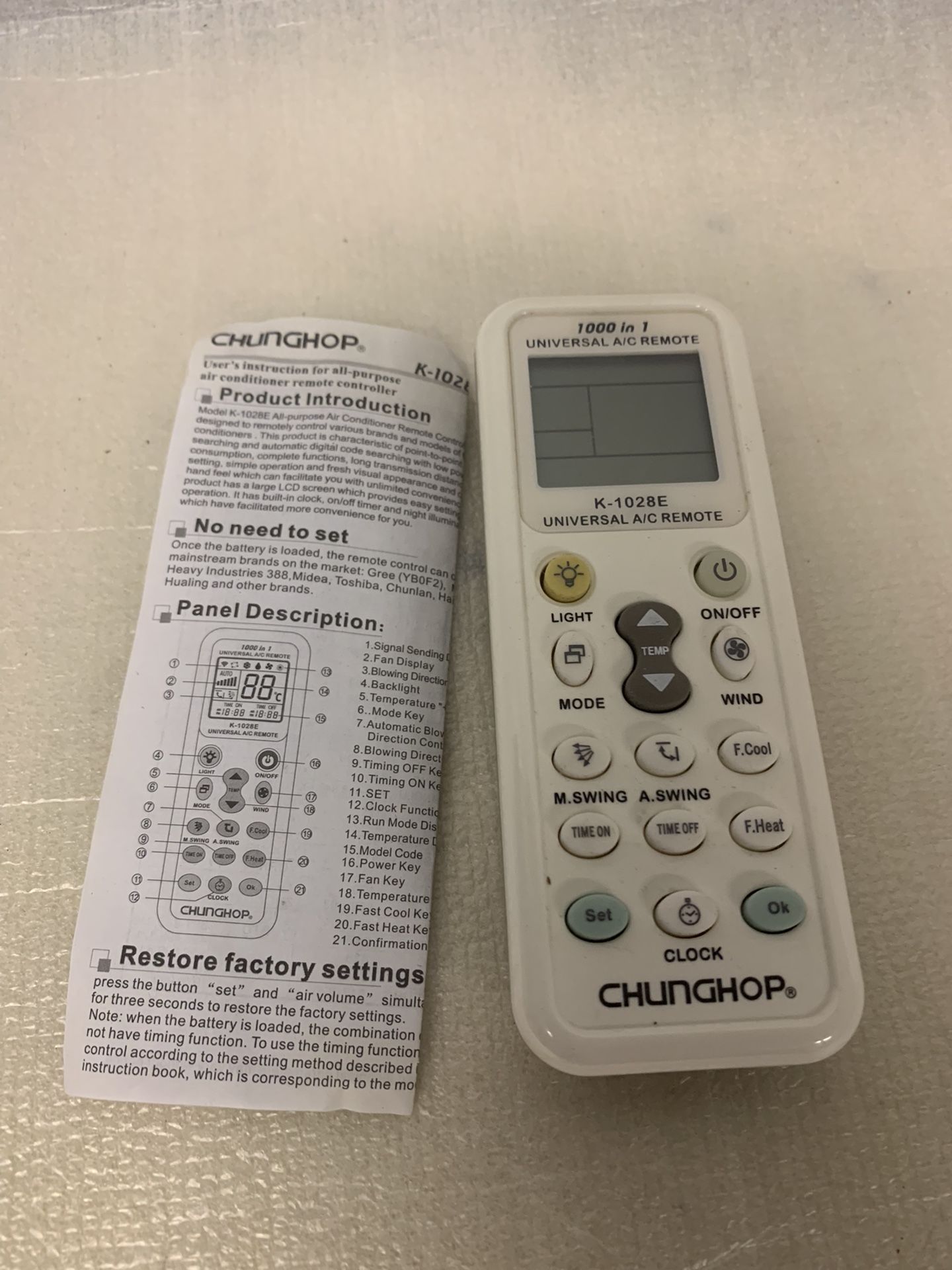 New Replacement K-1028E IR Universal AC Air Conditioner Remote Control 1000 in 1