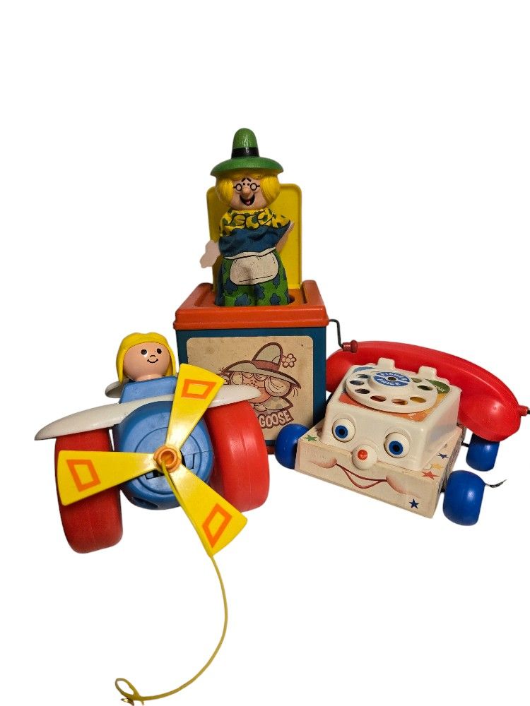 vintage toys Mattel jack in the box Fisher Price airplane and telephone