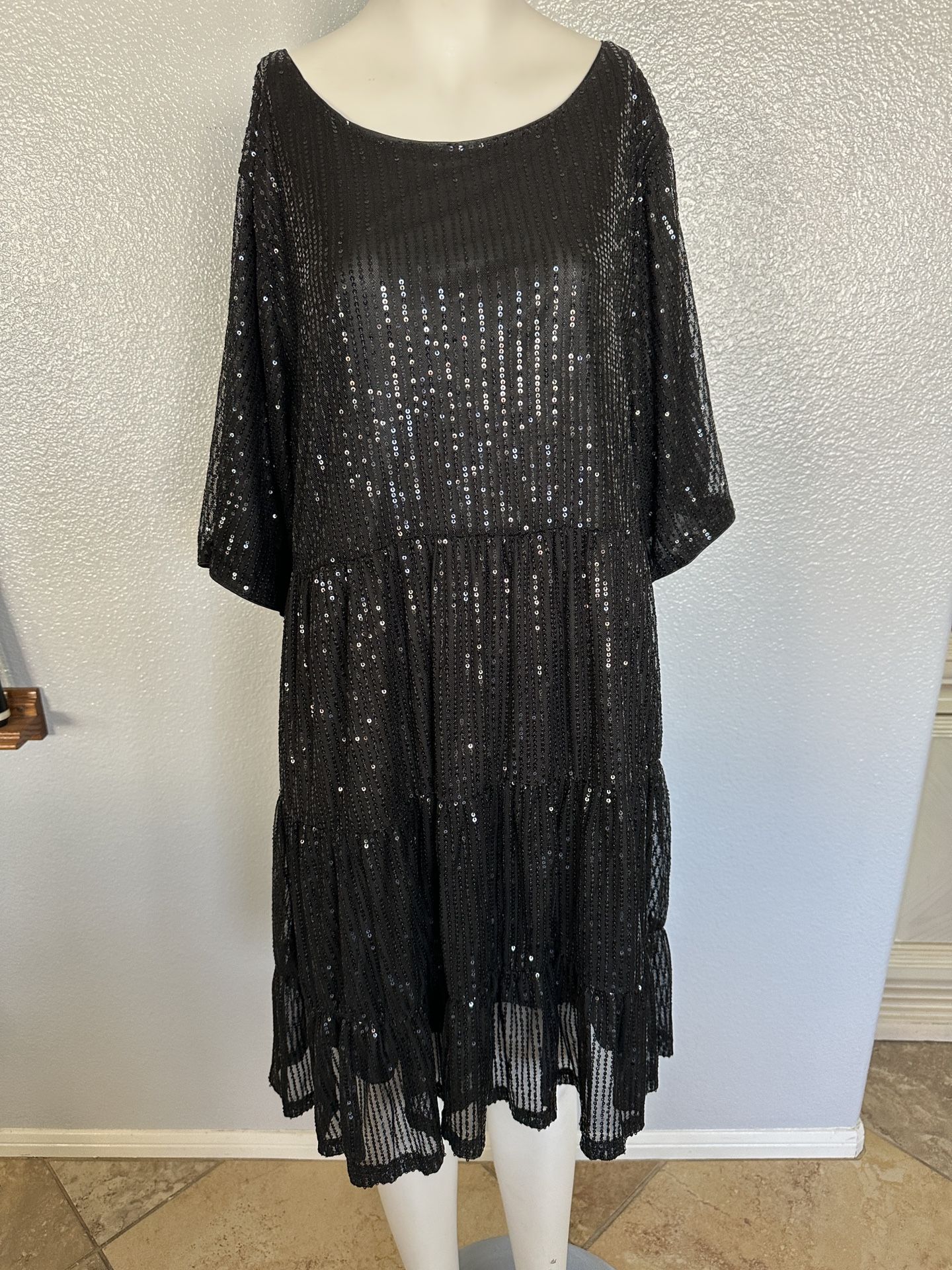 Women's Sequin Plus Size Mini Dress Short Sleeve Scoop Neck Pleated Size XL