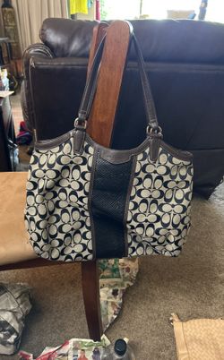 Coach brown signature print purse with brown leather cross grain stripe