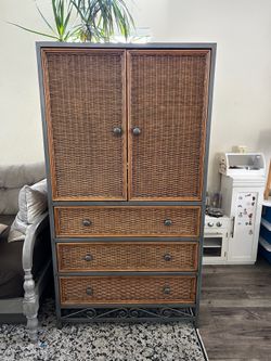 Pier 1 Miranda Wooden Wicker Steel Armoire Cabinet Three Drawers Shelf