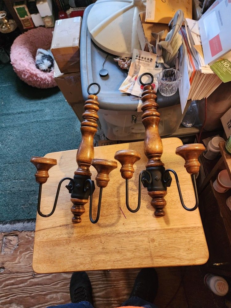 Rare find Set of 2 Home interior Wall Sconce Hanging Candle or Votive Holder Wood in metal 17.1/2" Tall Pick up only.