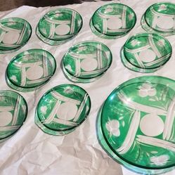 Antique Green Clear Glass Plates Large Small