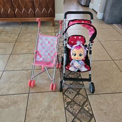 Cry Baby And 2 Doll Strollers 