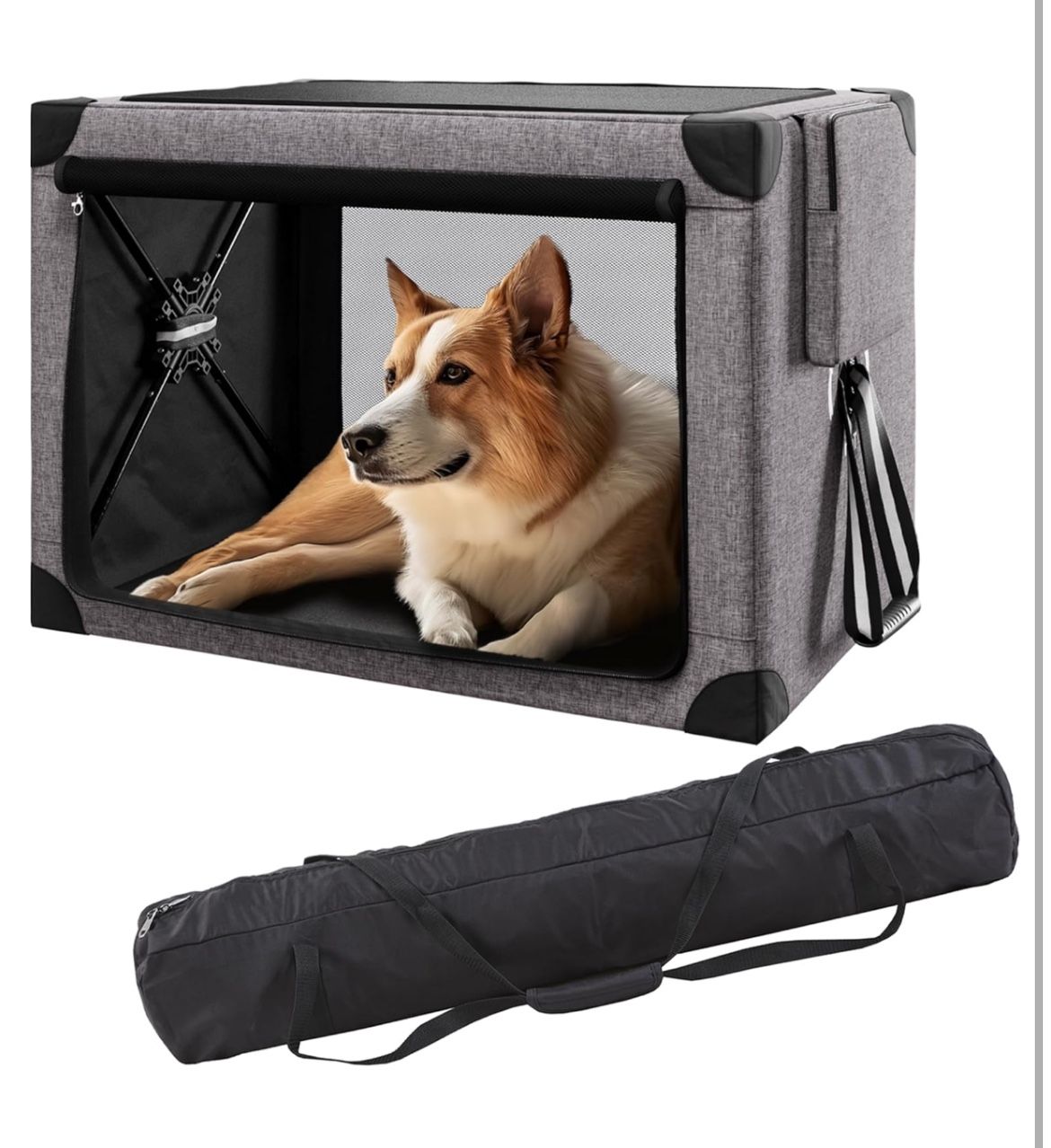 Size Large Collapsible Dog Crate - 32 Inch Portable Foldable Travel Crates for Medium Dogs with Detachable Storage Bag, Removable Pad, and Mesh Window