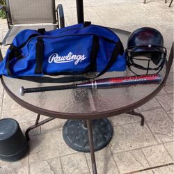 Softball Helmet, Bat, and Bag