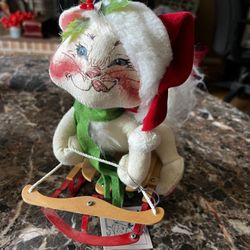 Vintage Annalee Dolls White Cat Wood Sled Christmas Holiday Figure