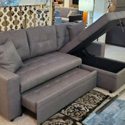 Grey Linen Sectional w/Chaise storage and pullout bed