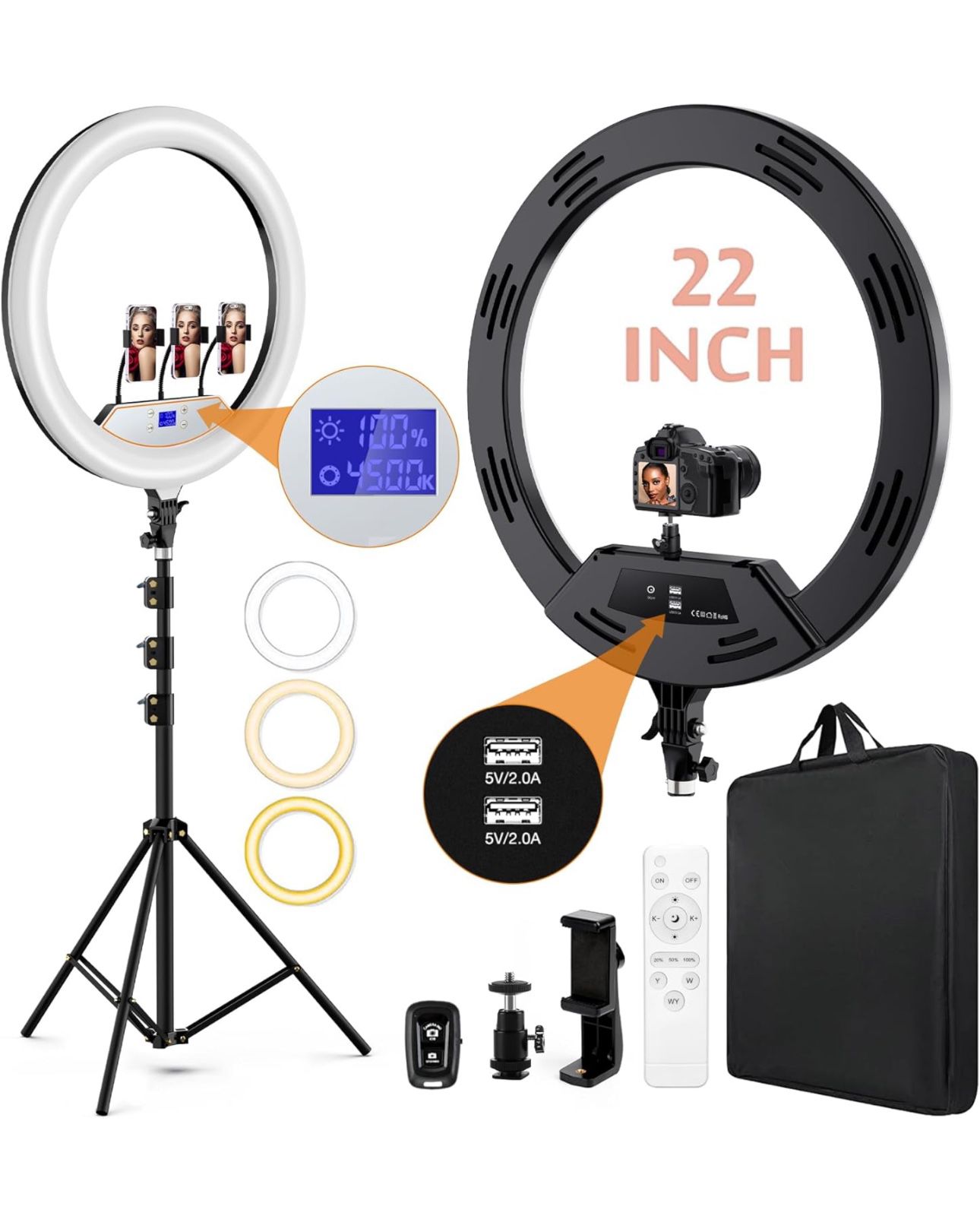 22" LED Ring Light, with 75" Tripod/LCD Display/3+1 Phone Clips/ 2 USB Ports/Wireless Remote, Adjustable 2600K-6500K Color Temperature, for YouTube Fa