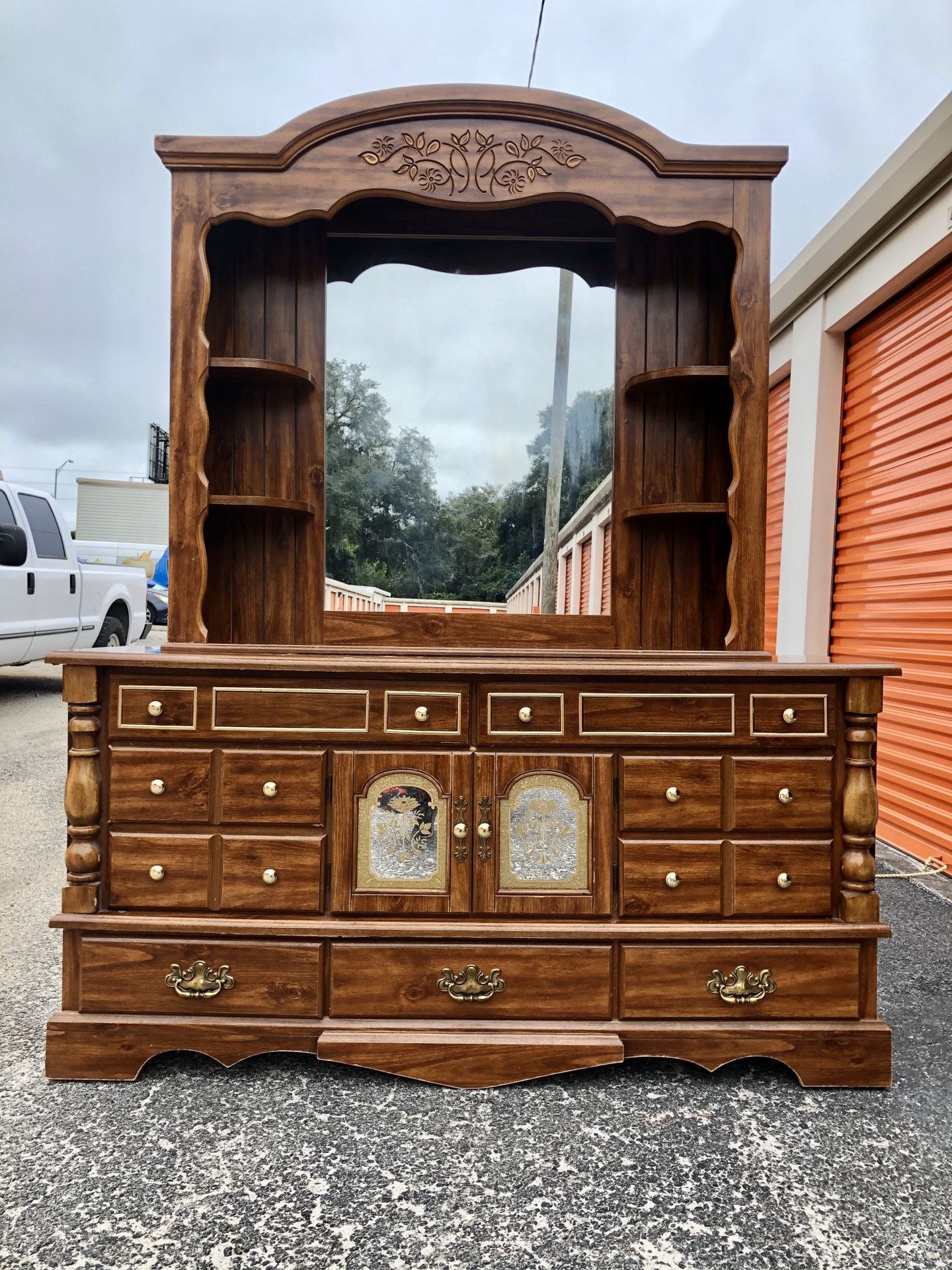 Beautiful Vintage Large Triple Dresser with Mirror Hutch