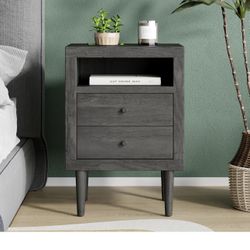 Set Of 2 And 2-Drawer Nightstand Grey MDF Mid-Century End Table with Rubberwood Legs, Faux Wood Finish, Top Shelf and Drawers for Bedroom Bedsideo