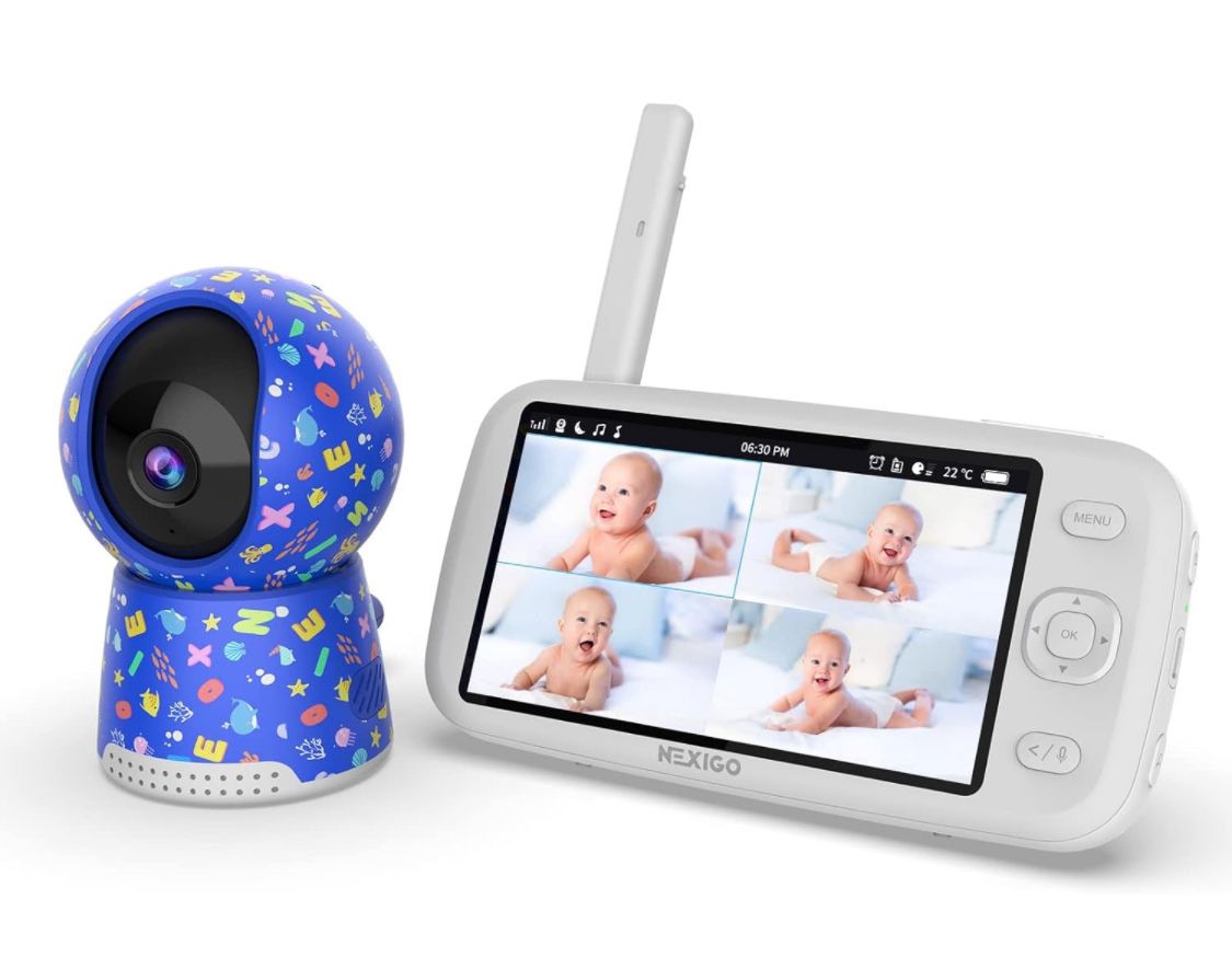 NexiGo Video Baby Monitor with Camera and Audio, 5 Inch Split IPS Screen, Support Up to 4 Cameras, 2-Way Audio, Pan-Tilt-Zoom, 4800mAh Battery