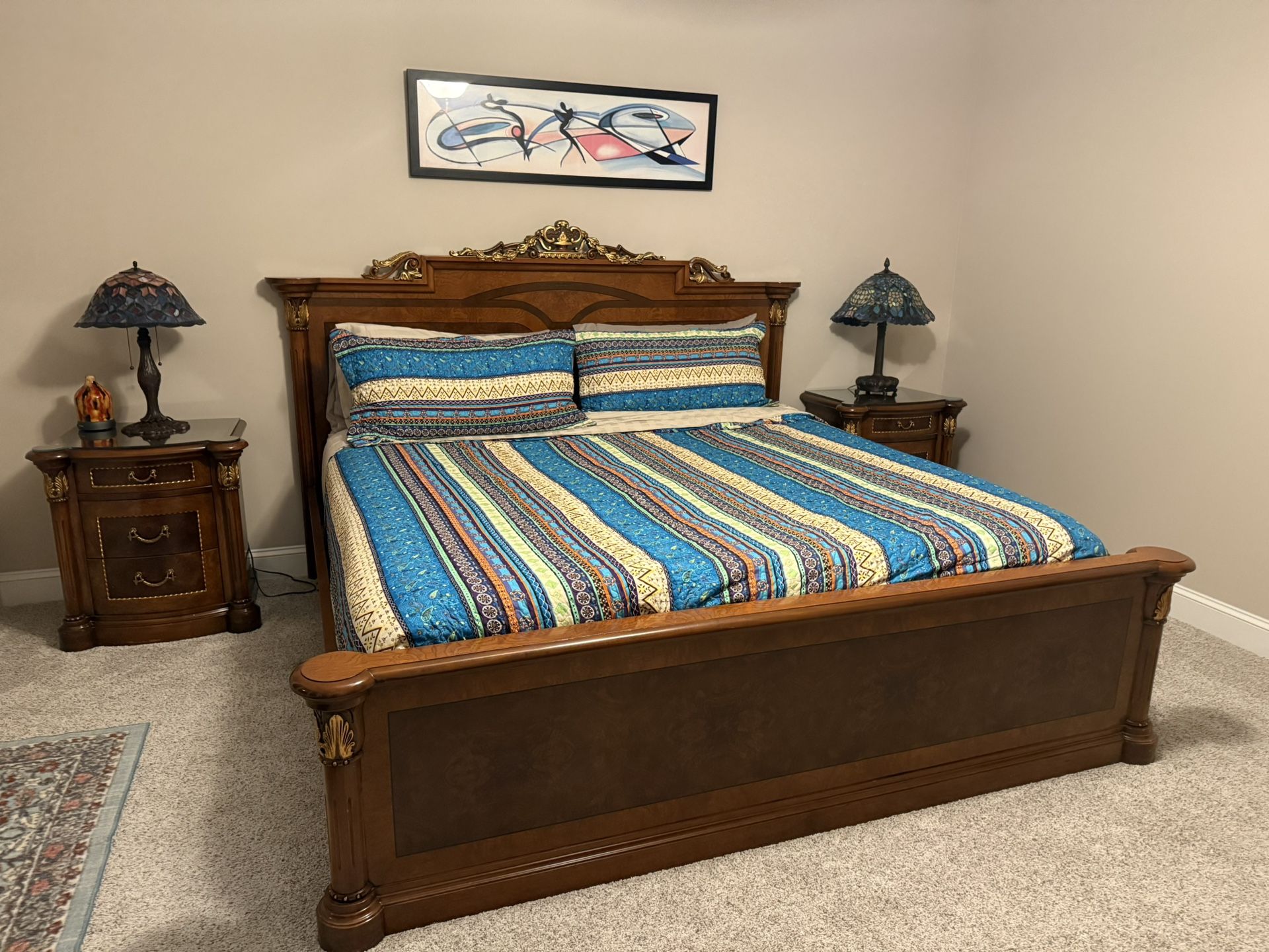 Beautiful solid wood King size bed frame and two nightstands