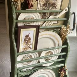 Upcycled Distressed Green Three Tier Wall Mountable Wooden Display Shelf