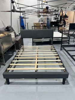 M-New Full Bed Frame with Headboard,Linen Upholstered Bed Frame with Wood Slats Support,No Box Spring Needed,Heavy Duty Feet,Easy Assembly, Dark Gray