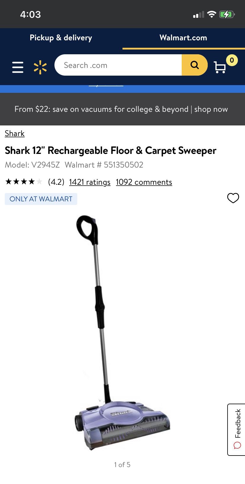 Shark 12" Rechargeable Floor & Carpet Sweeper
