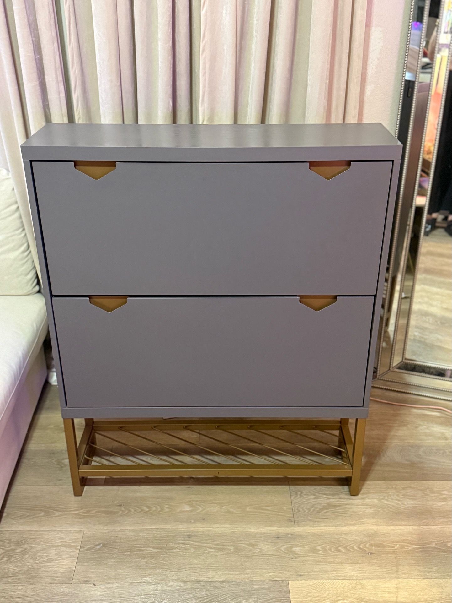 Modern Gray & Gold Tilt-Out Shoe Storage Cabinet / Entryway Organizer