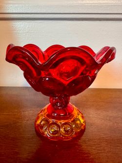 Vintage L.E. Smith Moon & Star Amberina Compote – Red to Amber Glass Pedestal Bowl – 5” MCM