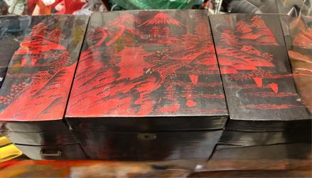 Vintage Japanese Black Lacquer Musical Jewelry Chest Multi Drawer Asian Landscape Mirror