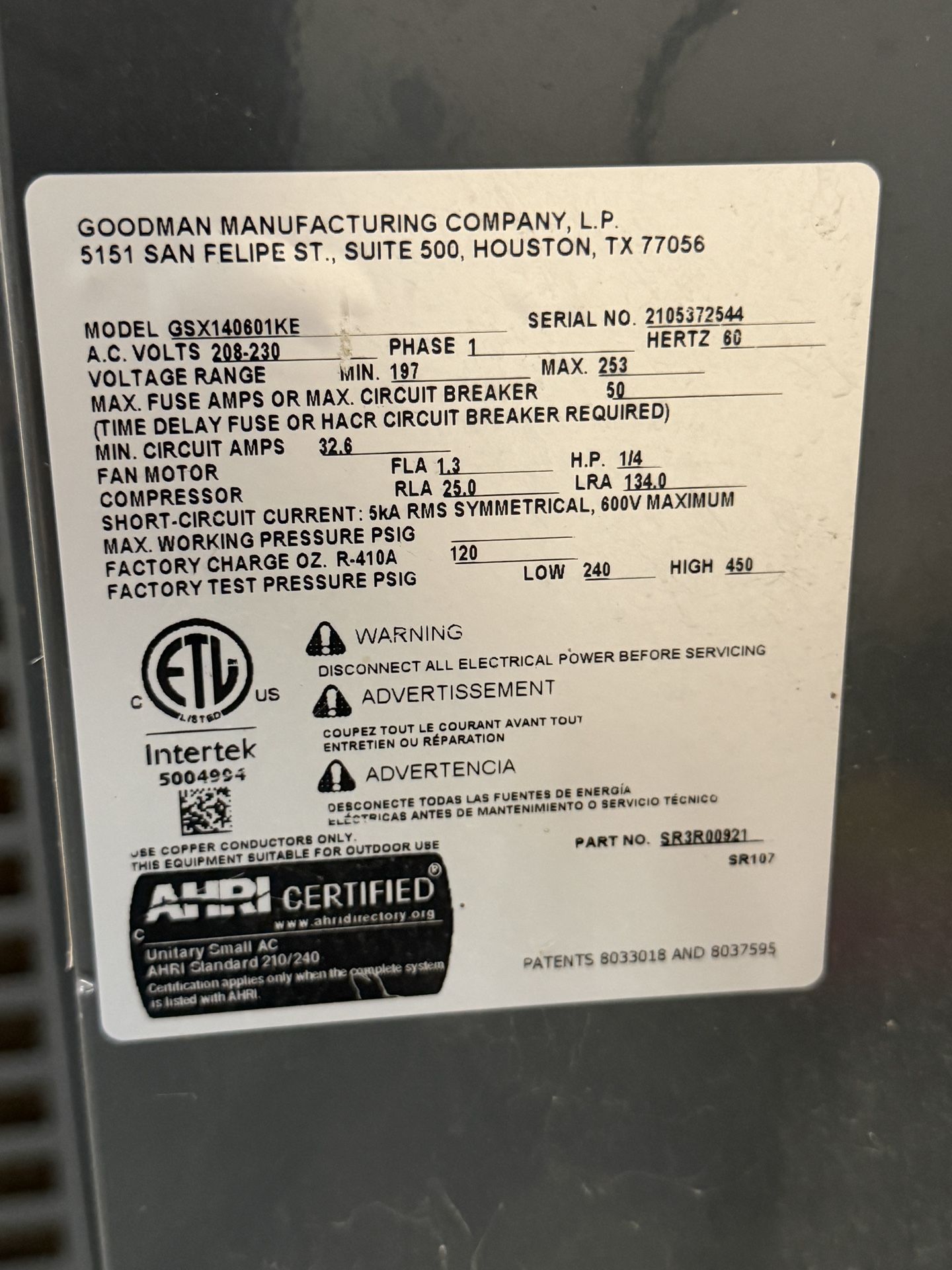 Goodman 5 Ton 208-230V Single Phase R410A Central AC System - Complete Set