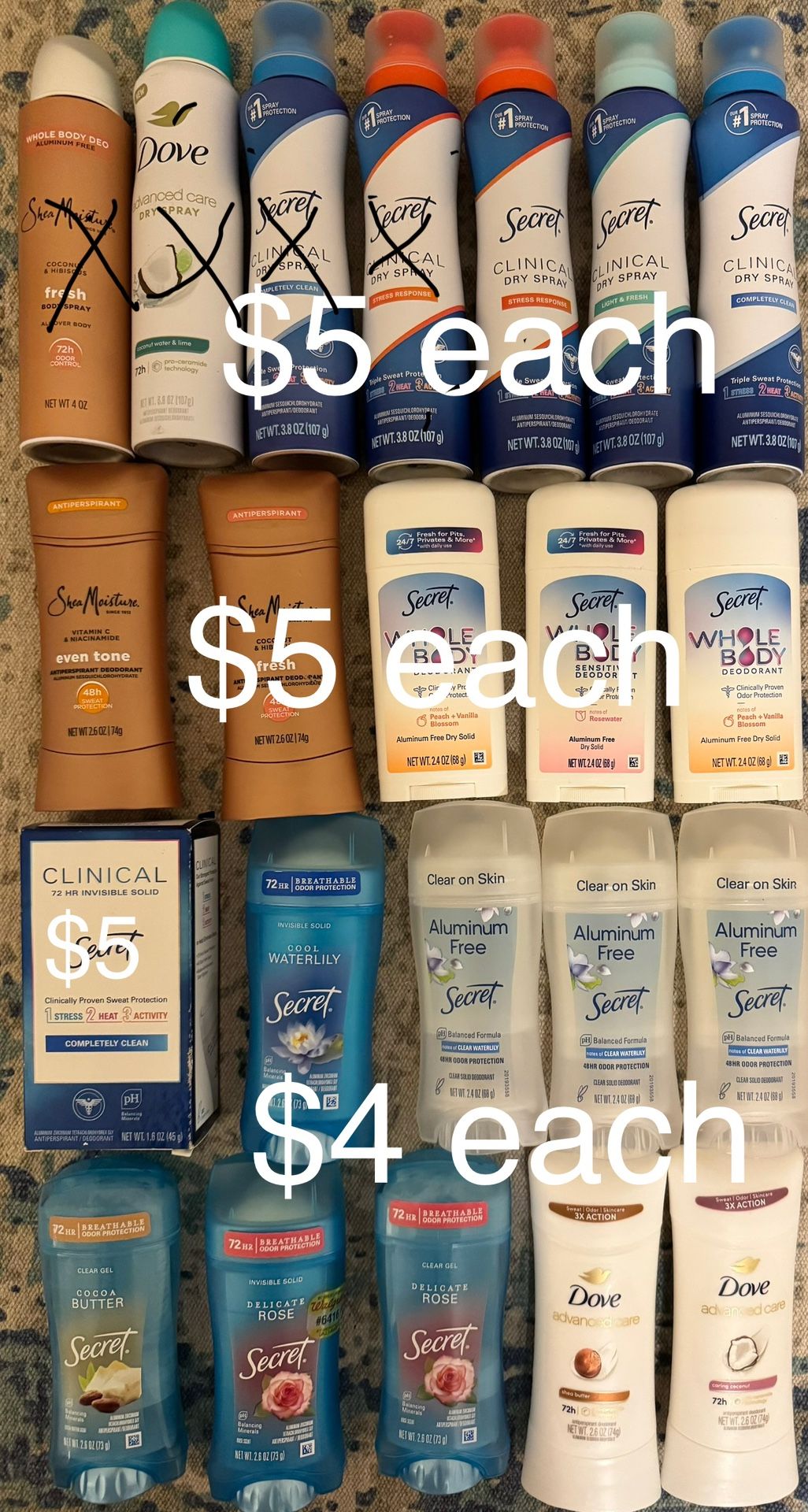 Deodorant( Secret, Shea Moisture, Old Spice, Axe, Gillette, Degree, Cremo)